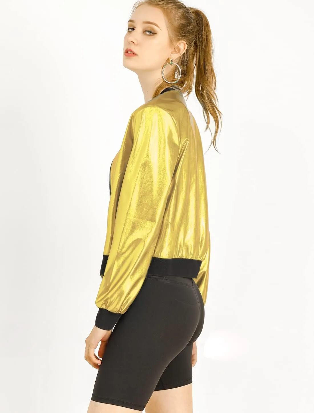 Allegra K Women's St. Patrick's Day Sparkly Holographic Lightweight 90S Shiny Metallic Bomber Jacket