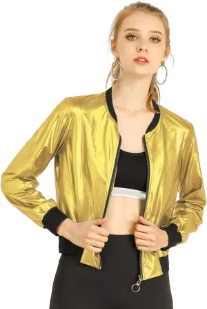 Allegra K Women's St. Patrick's Day Sparkly Holographic Lightweight 90S Shiny Metallic Bomber Jacket