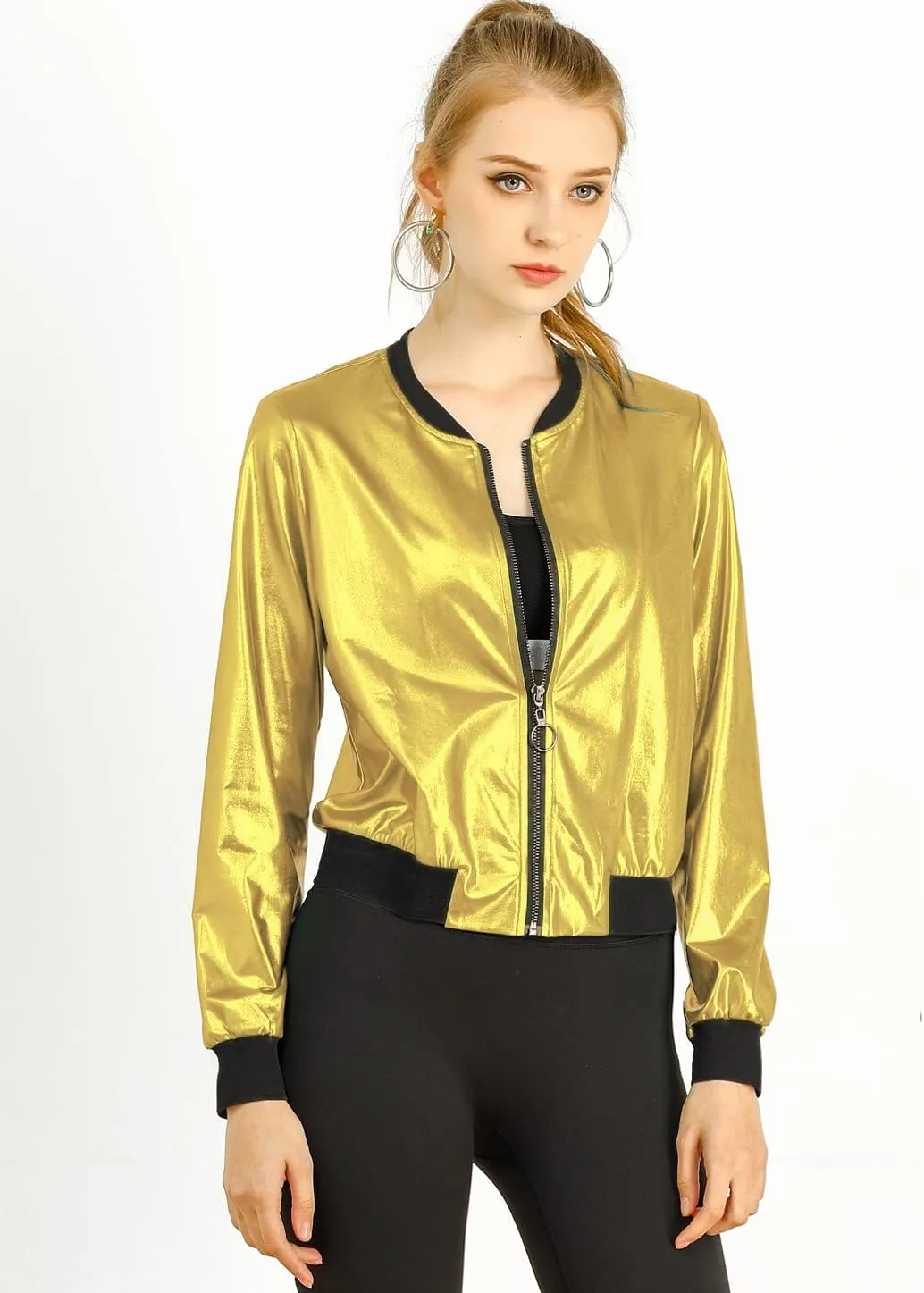 Allegra K Women's St. Patrick's Day Sparkly Holographic Lightweight 90S Shiny Metallic Bomber Jacket