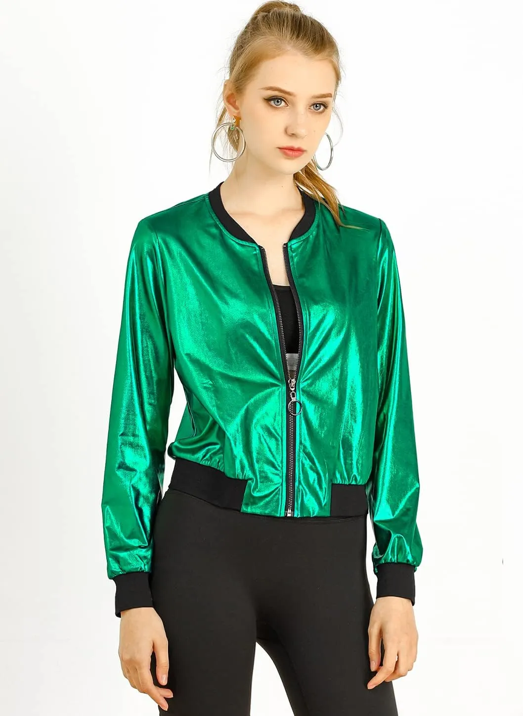 Allegra K Women's St. Patrick's Day Sparkly Holographic Lightweight 90S Shiny Metallic Bomber Jacket