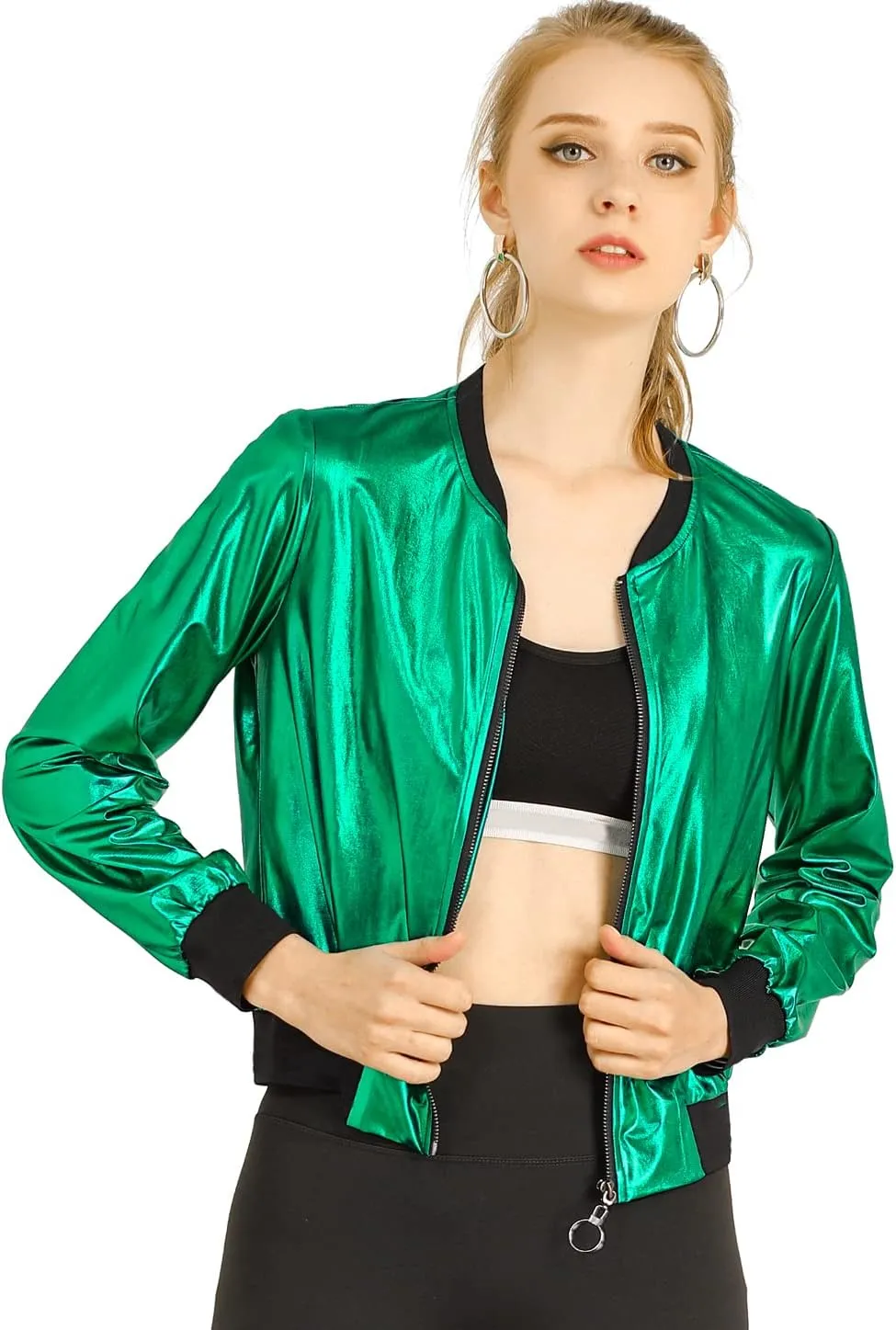 Allegra K Women's St. Patrick's Day Sparkly Holographic Lightweight 90S Shiny Metallic Bomber Jacket