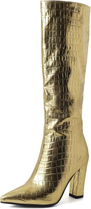 Alsoloveu Women's Knee High Boots Faux Crocodile Boots Metallic Wide Calf Pointed Toe Block Heel Go Go Boots Pull On