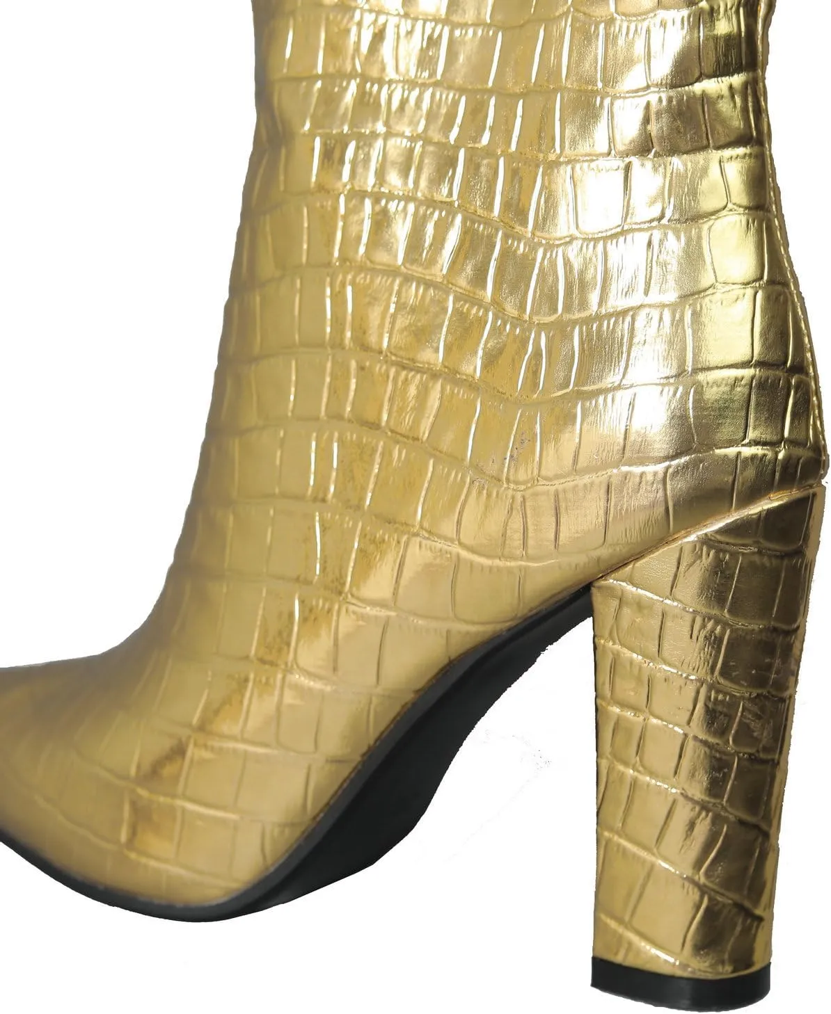 Alsoloveu Women's Knee High Boots Faux Crocodile Boots Metallic Wide Calf Pointed Toe Block Heel Go Go Boots Pull On