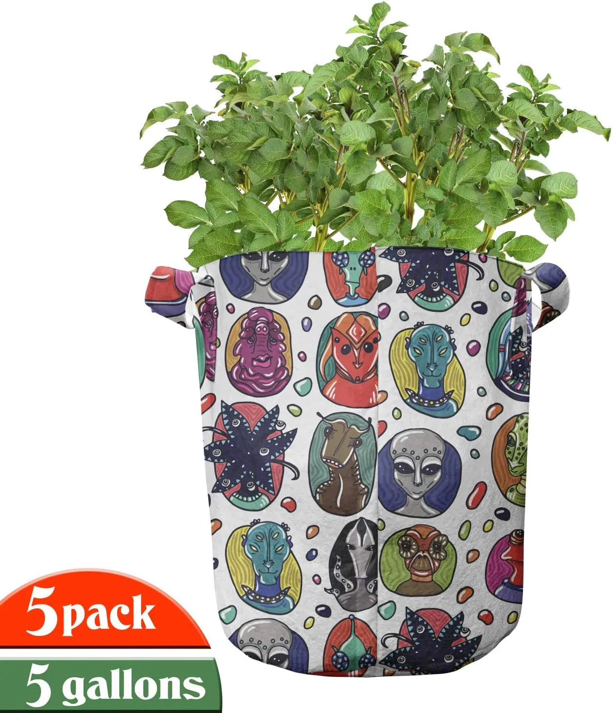 Ambesonne Alien Grow Bags 5-Pack, Abstract Fictional Beings, Heavyduty Fabric Pots with Handles for Plants, 5 Gallon, Multicolor