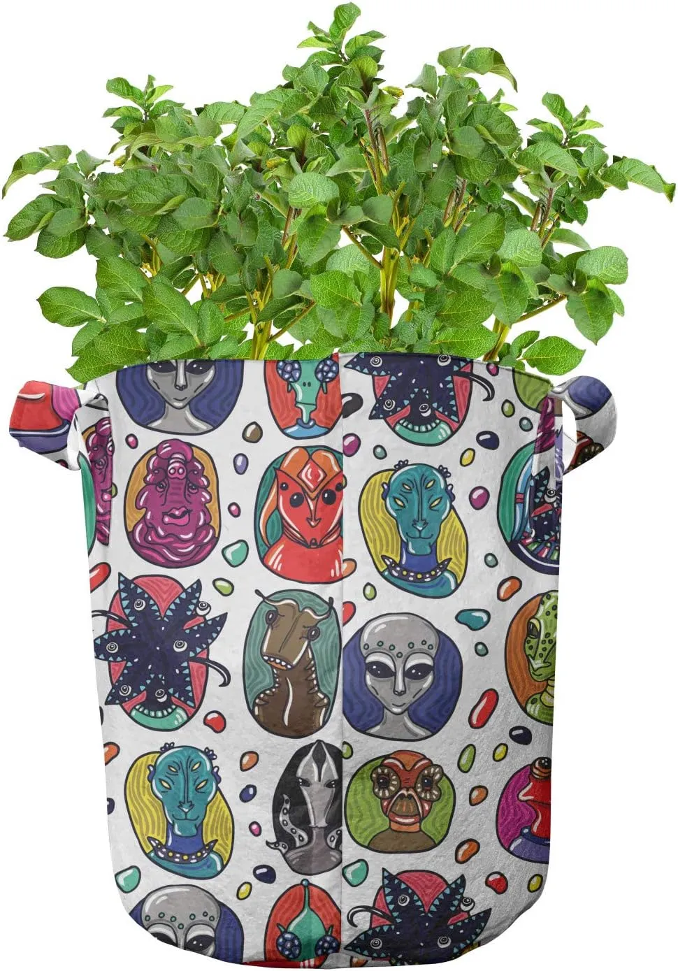 Ambesonne Alien Grow Bags 5-Pack, Abstract Fictional Beings, Heavyduty Fabric Pots with Handles for Plants, 5 Gallon, Multicolor
