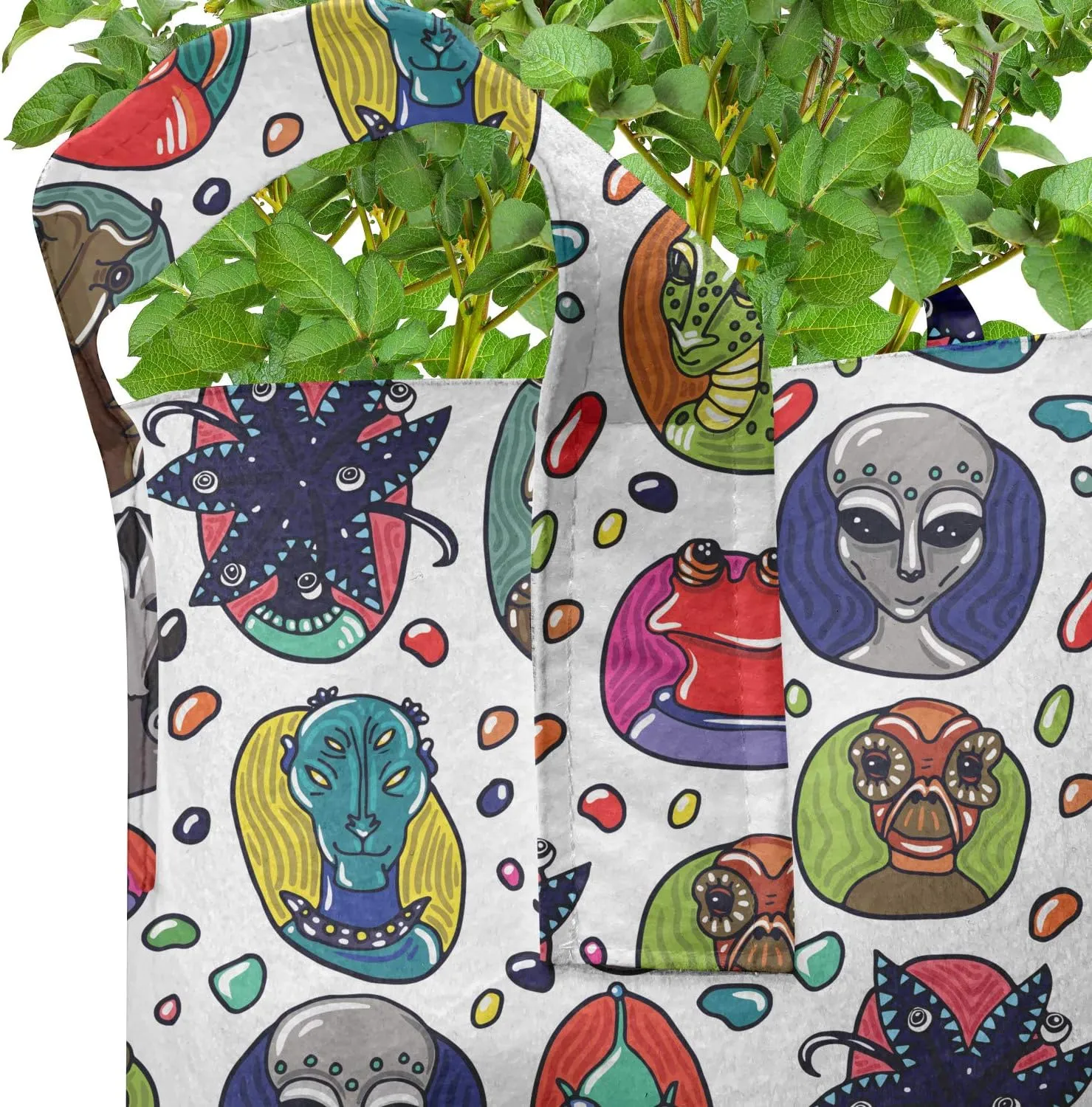 Ambesonne Alien Grow Bags 5-Pack, Abstract Fictional Beings, Heavyduty Fabric Pots with Handles for Plants, 5 Gallon, Multicolor