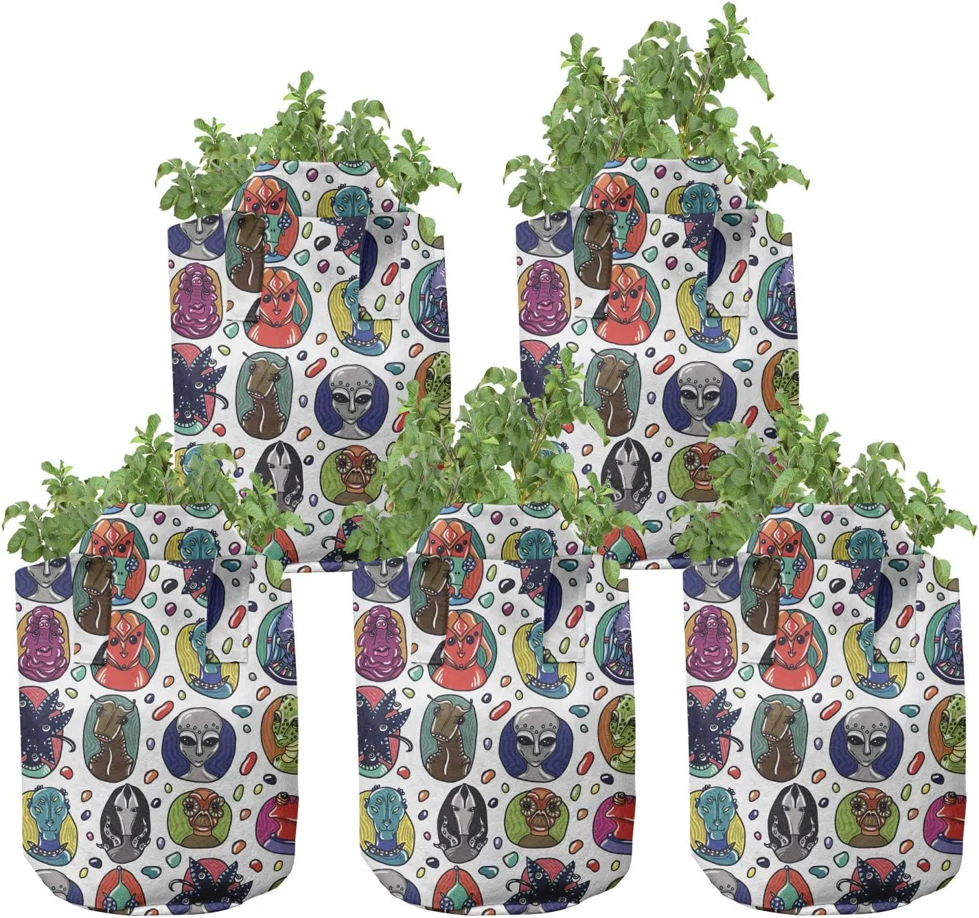 Ambesonne Alien Grow Bags 5-Pack, Abstract Fictional Beings, Heavyduty Fabric Pots with Handles for Plants, 5 Gallon, Multicolor