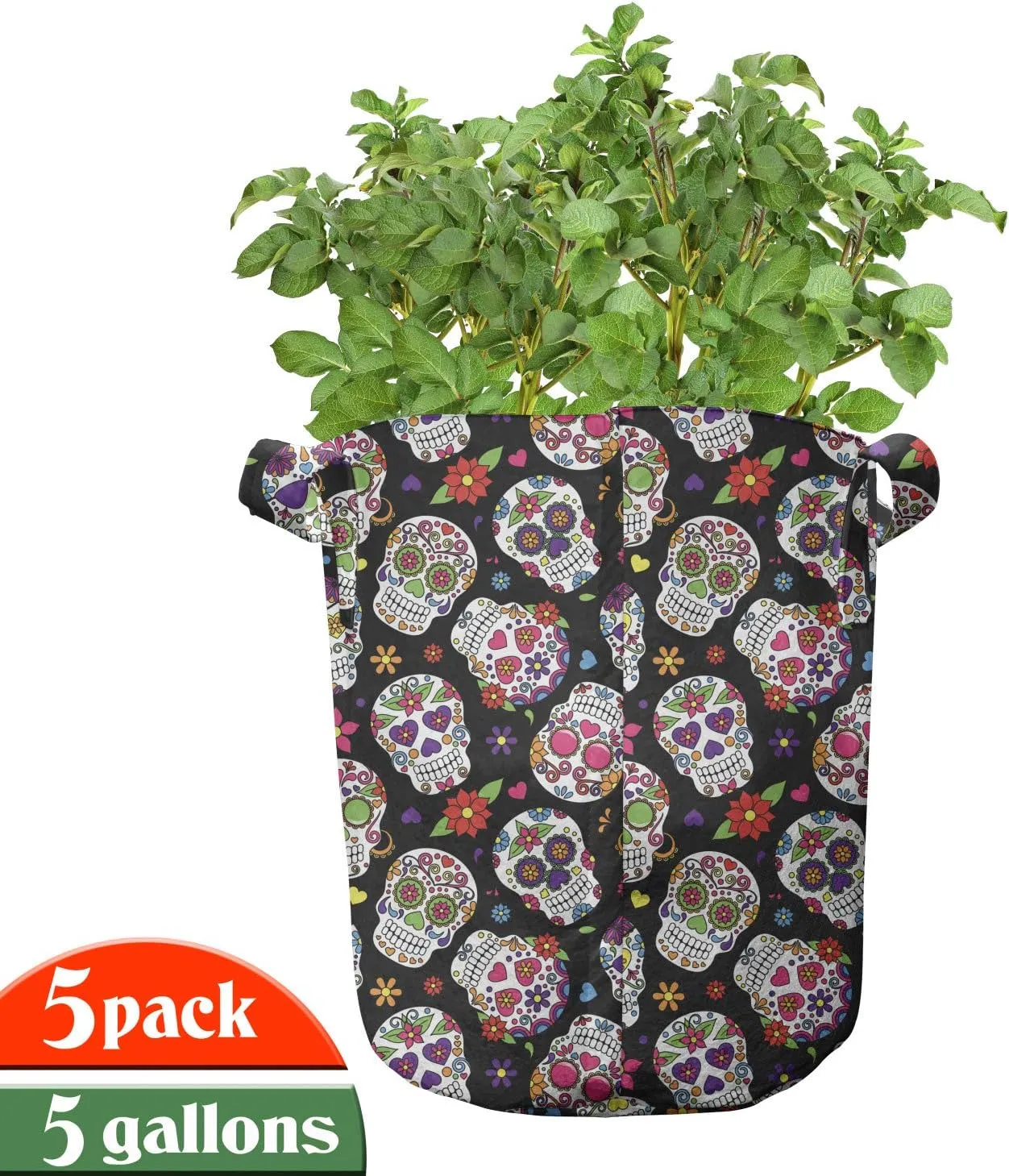 Ambesonne Dolphin Grow Bags 5-Pack, Underwater Fish Pattern, Heavyduty Fabric Pots with Handles for Plants, Blue Grey