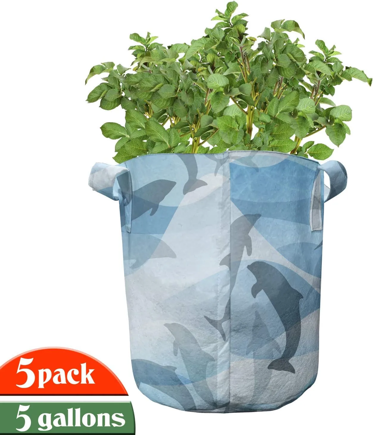 Ambesonne Grey Yellow Grow Bags 5-Pack, Basic Abstract Flowers, Heavyduty Fabric Pots with Handles for Plants, Yellow Khaki