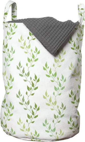 Ambesonne Leaf Laundry Bag, Symmetrical Olive Leaves and Wavy Branches with Patterns Classical Illustration, Hamper Basket with Handles Drawstring Closure for Laundromats, 13" x 19", Green