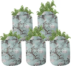 Ambesonne Victorian Grow Bags 5-Pack, Vintage Floral Stalks, Heavyduty Fabric Pots with Handles for Plants, 7 Gallon, Seafoam Brown White