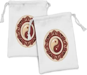 Ambesonne Ying Yang Fabric Pouch Set of 2, Traditional Cultural Floral Ornamental Patterns Balance, Small Drawstring Bag for Toiletries Masks and Favors, 9" x 6", Maroon Cream White