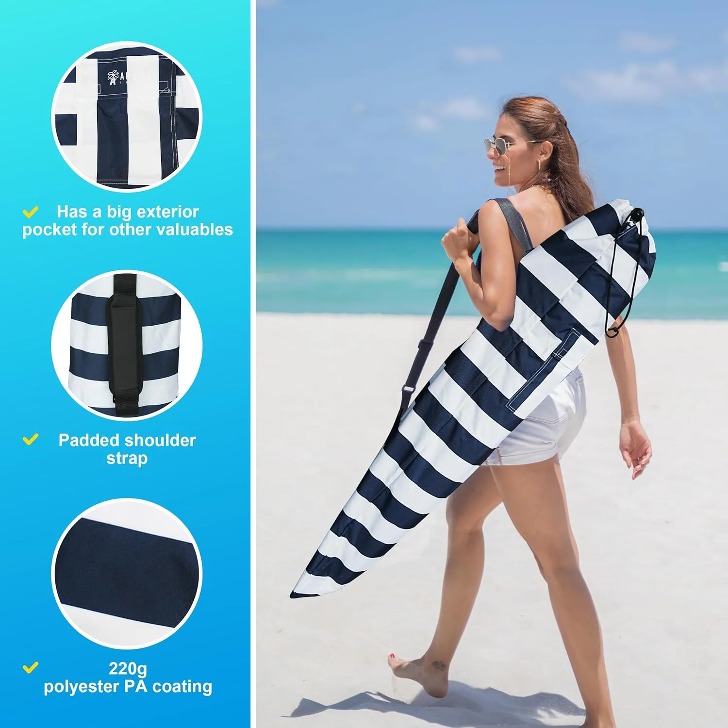 AMMSUN Commercial Grade Heavy Duty Beach Umbrella Carry Bag for storage of Beach & Patio Umbrellas,Universal Foldable Umbrella Bag, Fits Most Outdoor Umbrellas, Navy Stripe