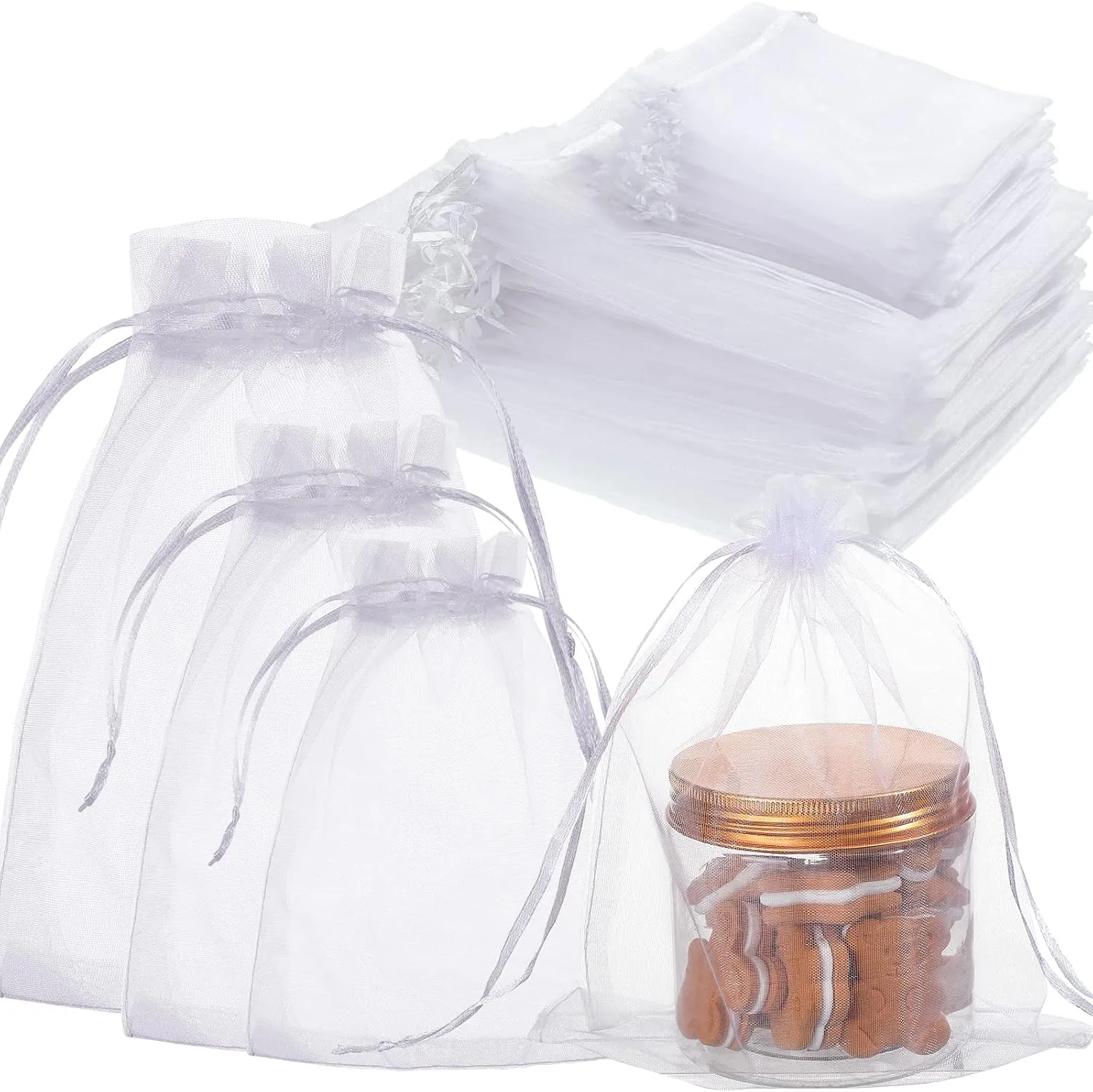 Amylove 100 Pcs White Organza Bags Bulk Sheer Mesh Gift Bags with Drawstring for Wedding Party Supplies Eid Mubarak Candy Fruit Jewelry(4 x 6 In, 7 x 9 In, 8 x 12 In)