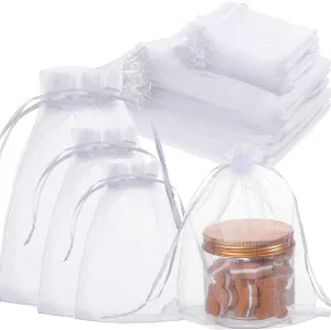 Amylove 100 Pcs White Organza Bags Bulk Sheer Mesh Gift Bags with Drawstring for Wedding Party Supplies Eid Mubarak Candy Fruit Jewelry(4 x 6 In, 7 x 9 In, 8 x 12 In)