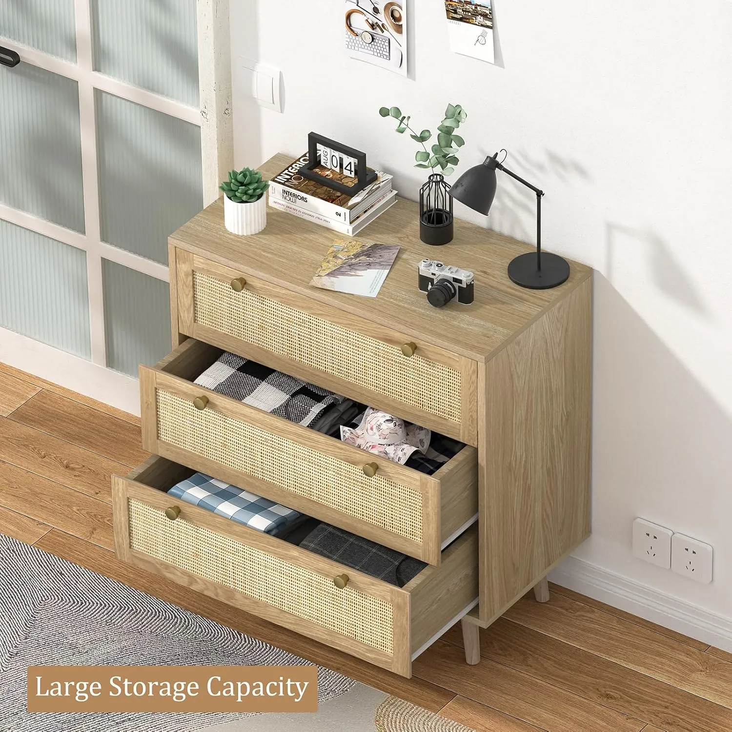 Anmytek 3 Drawer Dresser for Bedroom, Rattan Dresser Modern Wood Chest of Drawers with Spacious Storage for Bedroom Hallway Living Room, Rustic Oak, H0027