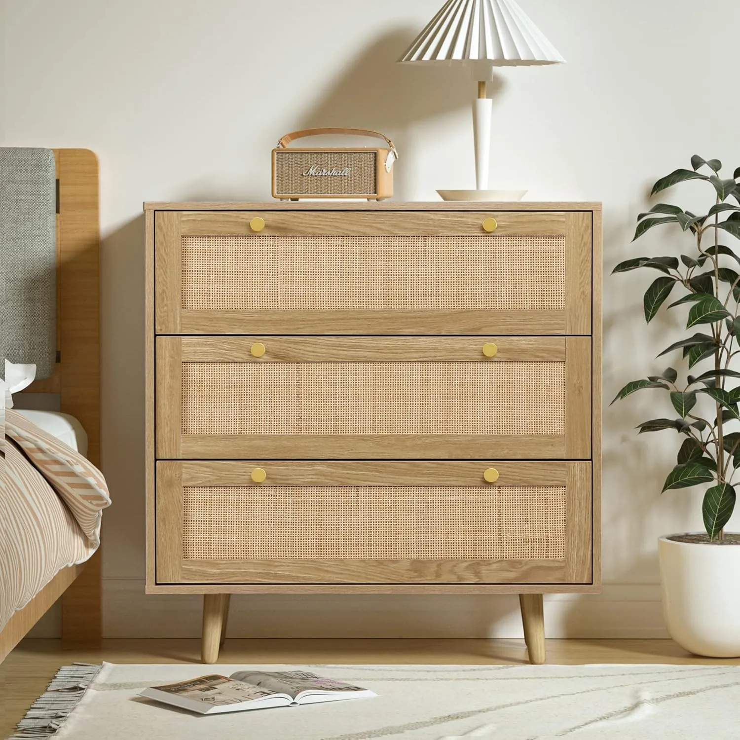 Anmytek 3 Drawer Dresser for Bedroom, Rattan Dresser Modern Wood Chest of Drawers with Spacious Storage for Bedroom Hallway Living Room, Rustic Oak, H0027