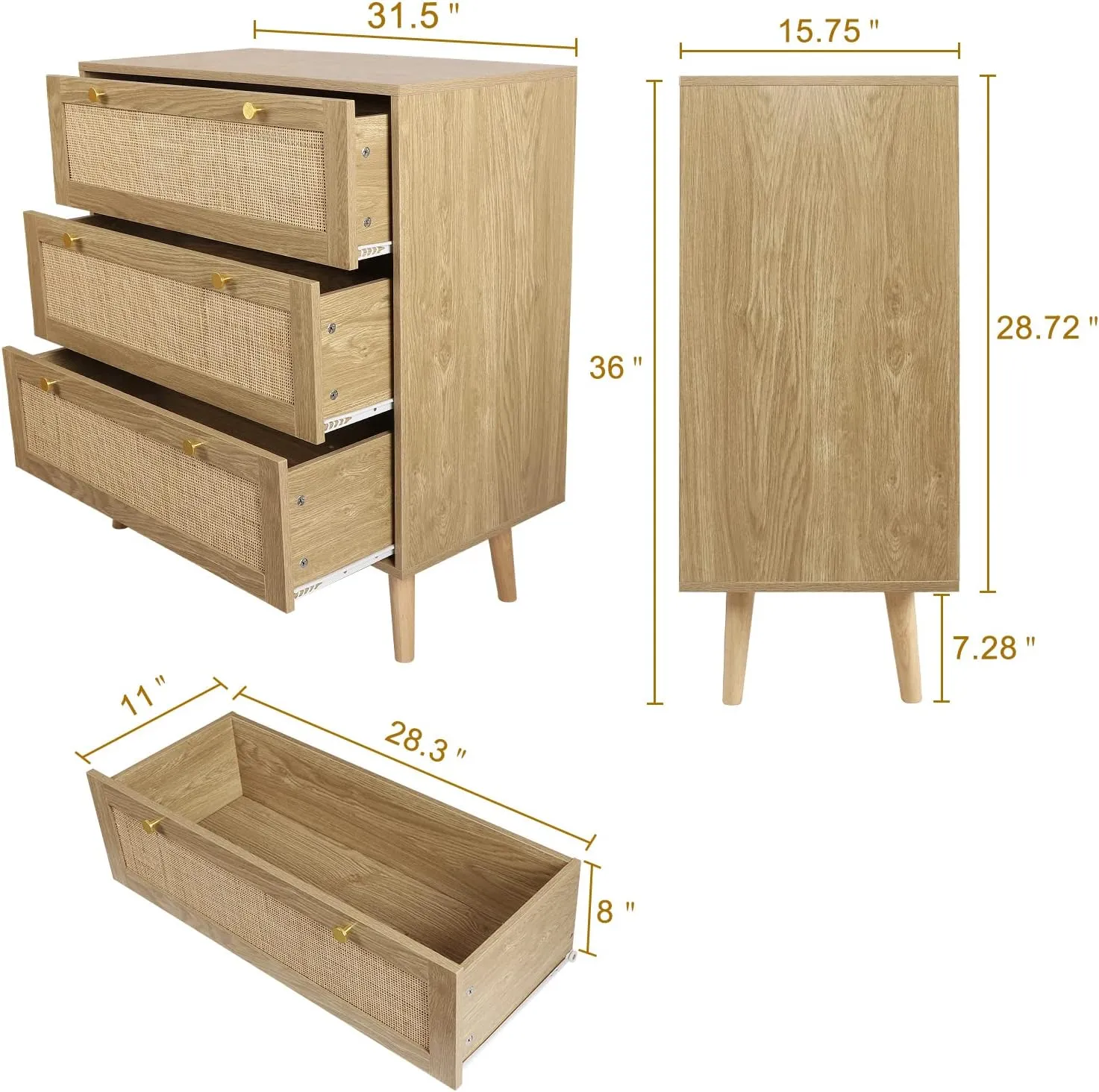 Anmytek 3 Drawer Dresser for Bedroom, Rattan Dresser Modern Wood Chest of Drawers with Spacious Storage for Bedroom Hallway Living Room, Rustic Oak, H0027