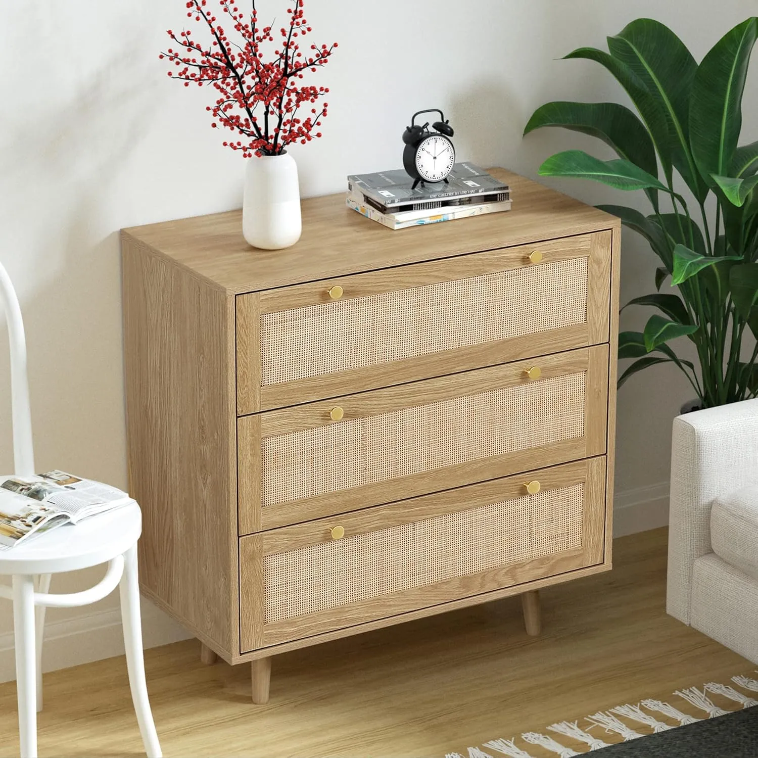 Anmytek 3 Drawer Dresser for Bedroom, Rattan Dresser Modern Wood Chest of Drawers with Spacious Storage for Bedroom Hallway Living Room, Rustic Oak, H0027
