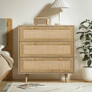 Anmytek 3 Drawer Dresser for Bedroom, Rattan Dresser Modern Wood Chest of Drawers with Spacious Storage for Bedroom Hallway Living Room, Rustic Oak, H0027