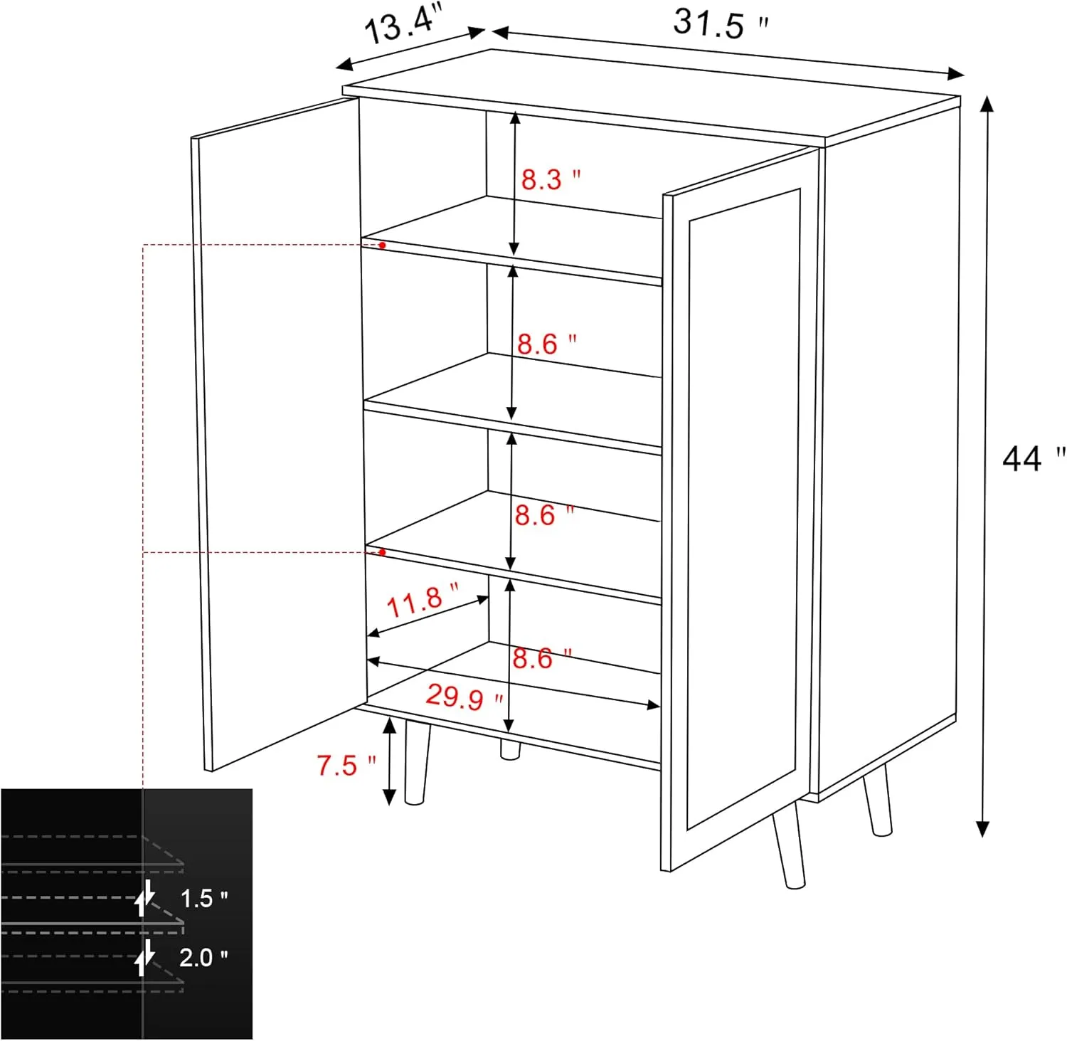 Anmytek 44" H Tall Sideboard Storage Cabinet with Crafted Rattan Front, Wood 2 Door Entry Accent Cabinet with Adjustable Shelves Rustic Oak, H0030