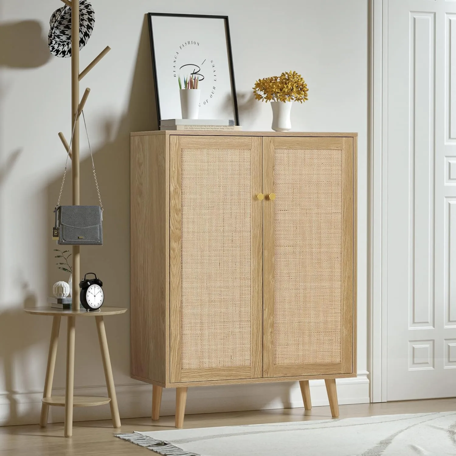 Anmytek 44" H Tall Sideboard Storage Cabinet with Crafted Rattan Front, Wood 2 Door Entry Accent Cabinet with Adjustable Shelves Rustic Oak, H0030
