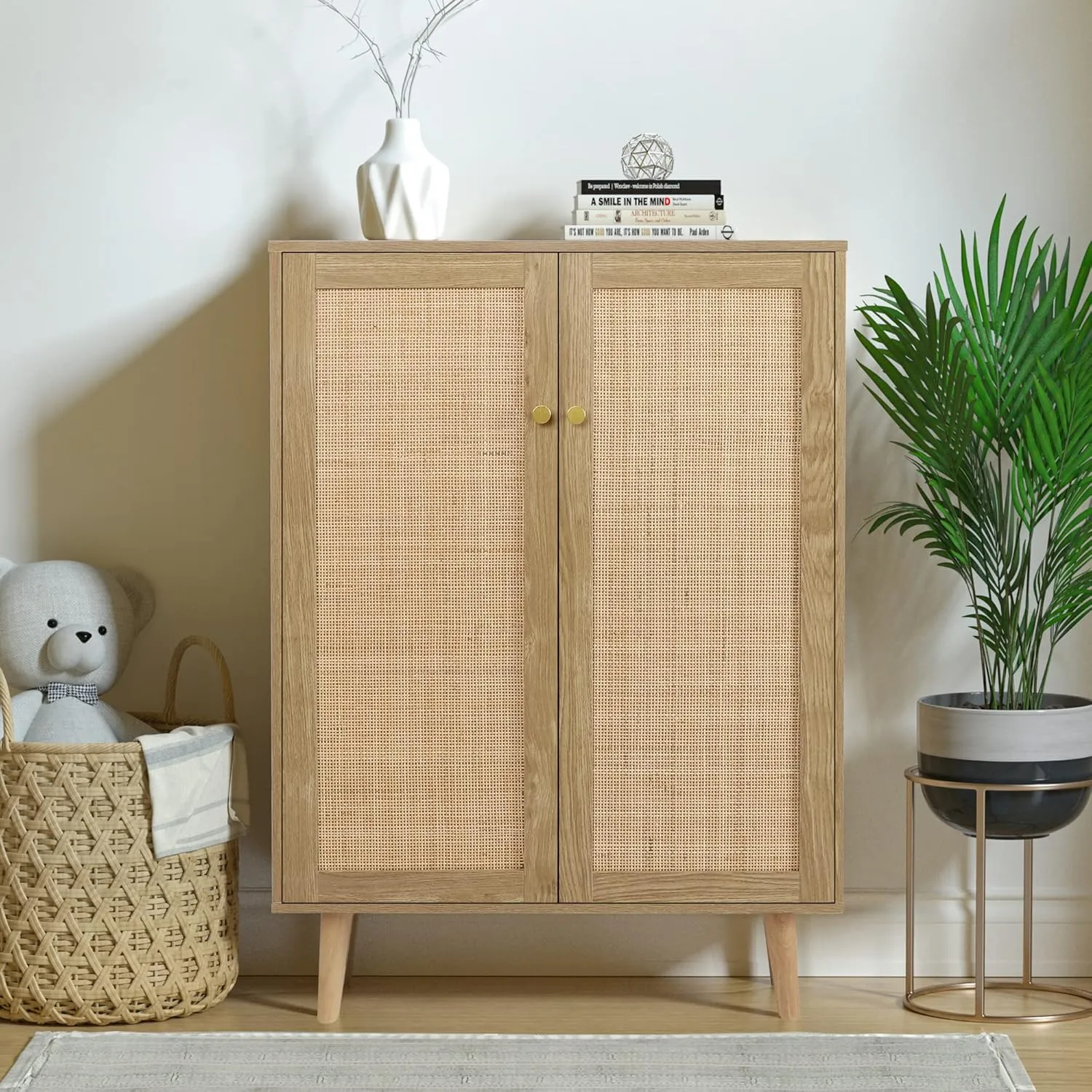 Anmytek 44" H Tall Sideboard Storage Cabinet with Crafted Rattan Front, Wood 2 Door Entry Accent Cabinet with Adjustable Shelves Rustic Oak, H0030