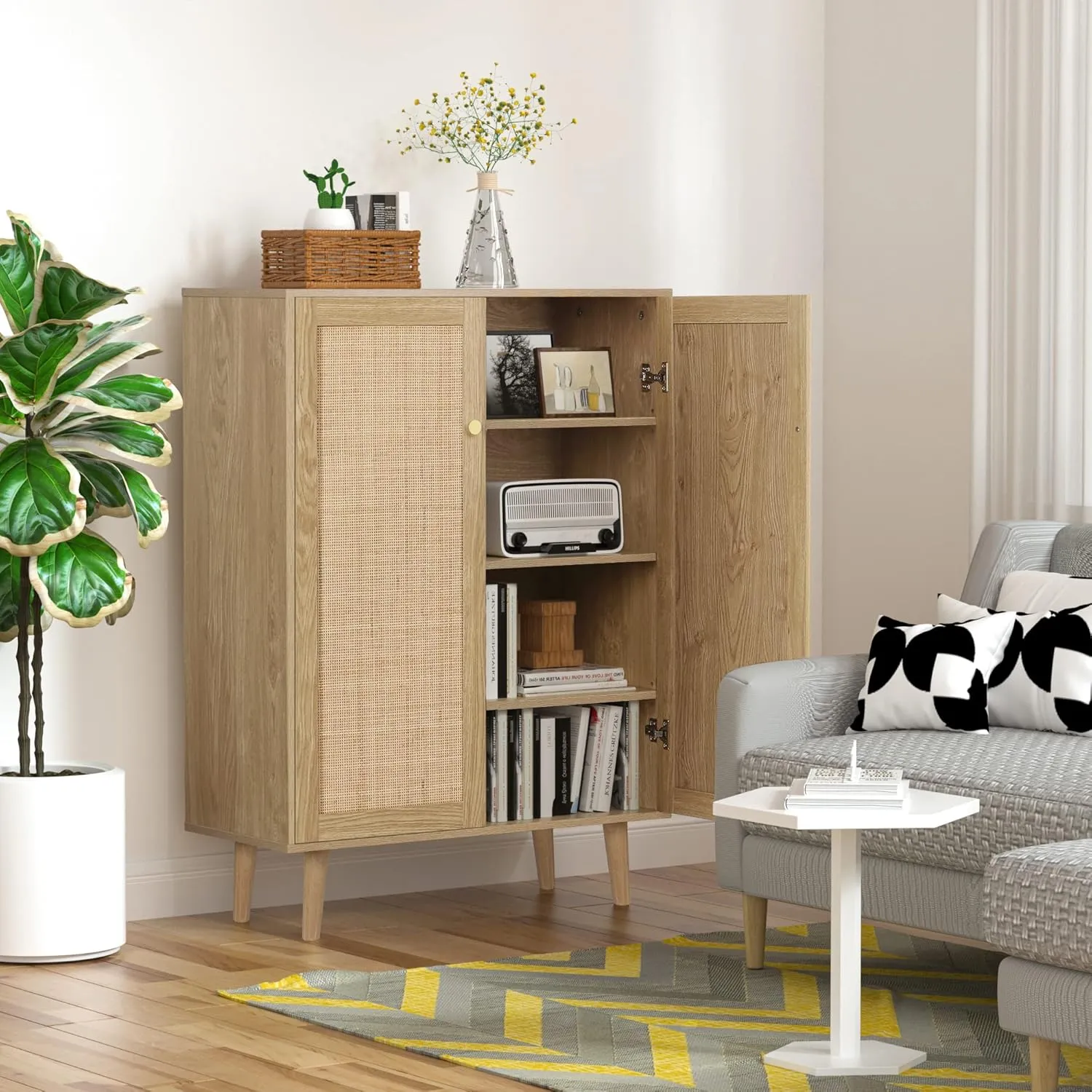Anmytek 44" H Tall Sideboard Storage Cabinet with Crafted Rattan Front, Wood 2 Door Entry Accent Cabinet with Adjustable Shelves Rustic Oak, H0030
