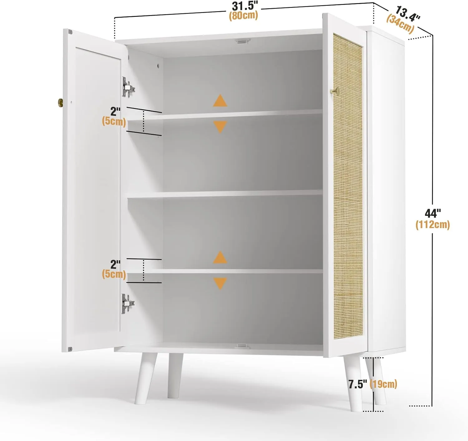 Anmytek Rattan Sideboard, 44" H Tall Entryway Shoe Cabinet with Crafted Rattan Front, 2 Door Accent Cabinet with Adjustable Shelves, White, H0086