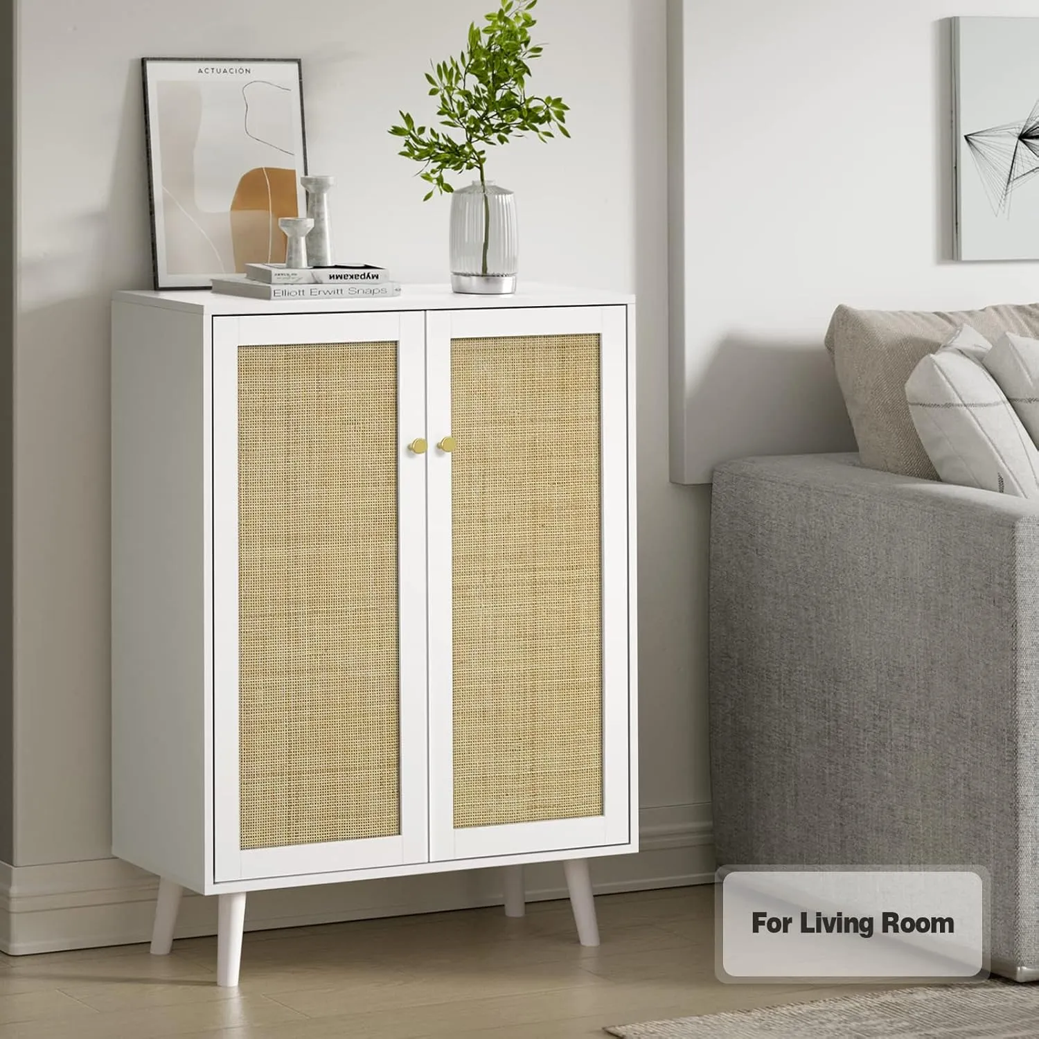 Anmytek Rattan Sideboard, 44" H Tall Entryway Shoe Cabinet with Crafted Rattan Front, 2 Door Accent Cabinet with Adjustable Shelves, White, H0086