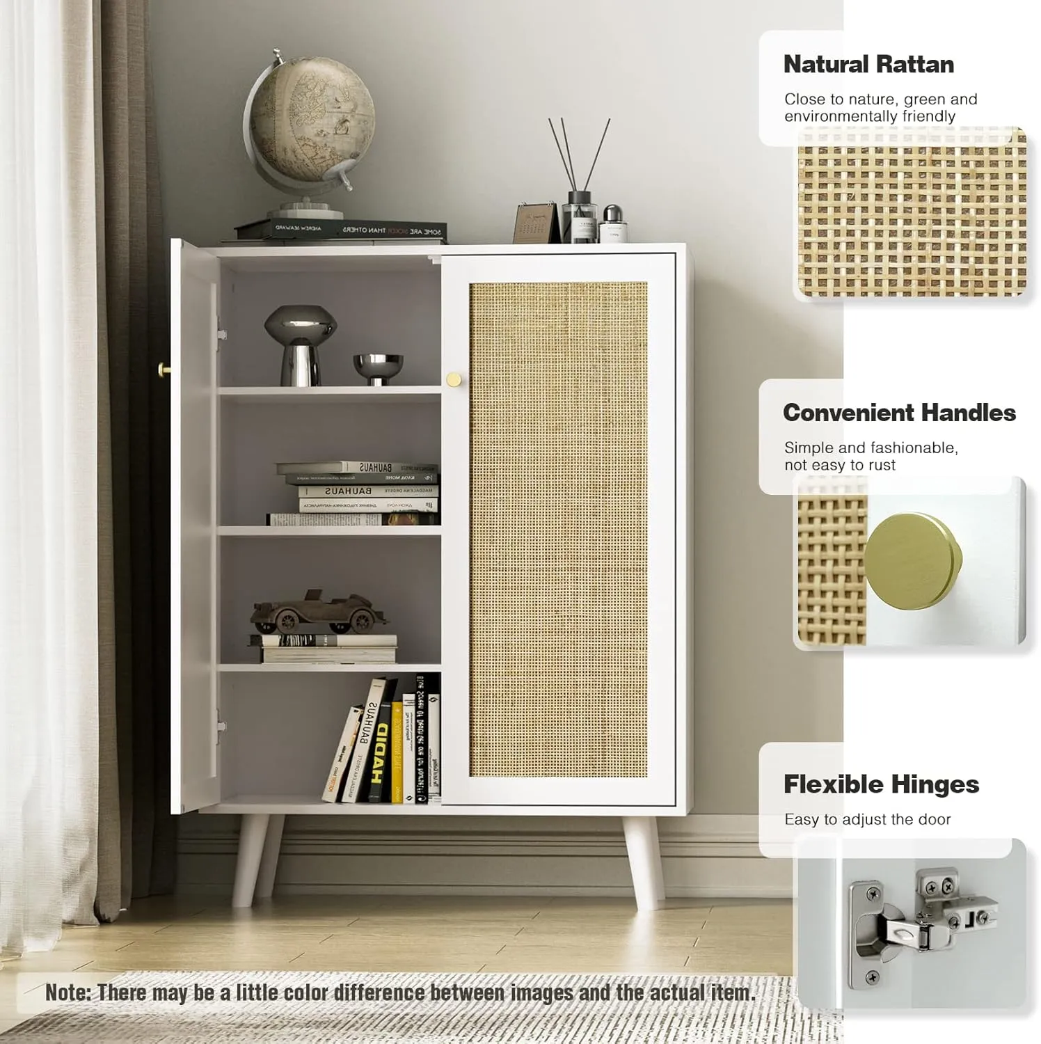 Anmytek Rattan Sideboard, 44" H Tall Entryway Shoe Cabinet with Crafted Rattan Front, 2 Door Accent Cabinet with Adjustable Shelves, White, H0086