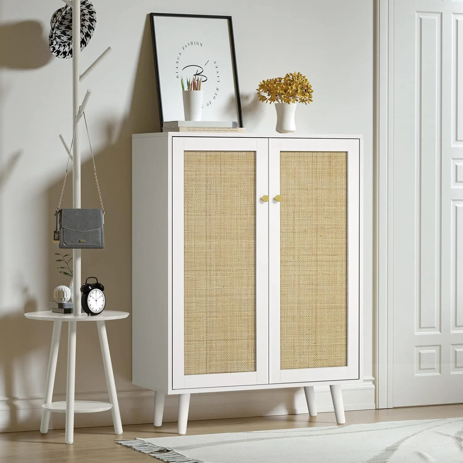 Anmytek Rattan Sideboard, 44" H Tall Entryway Shoe Cabinet with Crafted Rattan Front, 2 Door Accent Cabinet with Adjustable Shelves, White, H0086