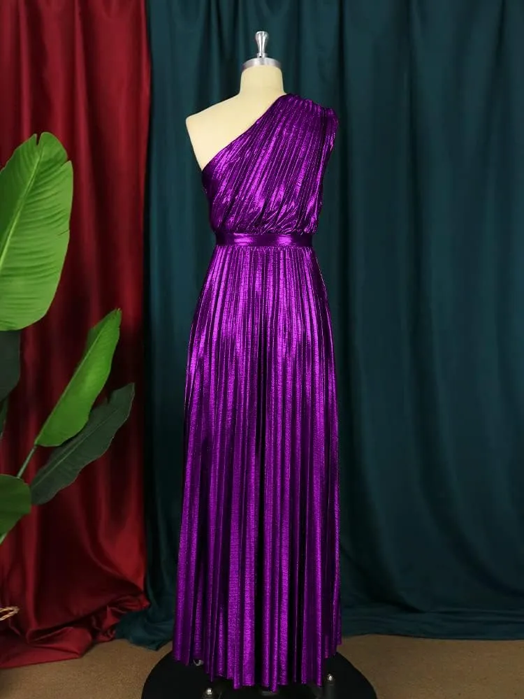 AOMEI Women's Luxury Metallic One Shoulder Sleeveless Elegant Pleated Long Dress