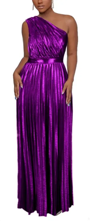 AOMEI Women's Luxury Metallic One Shoulder Sleeveless Elegant Pleated Long Dress
