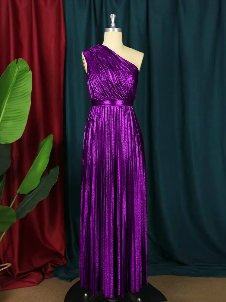AOMEI Women's Luxury Metallic One Shoulder Sleeveless Elegant Pleated Long Dress