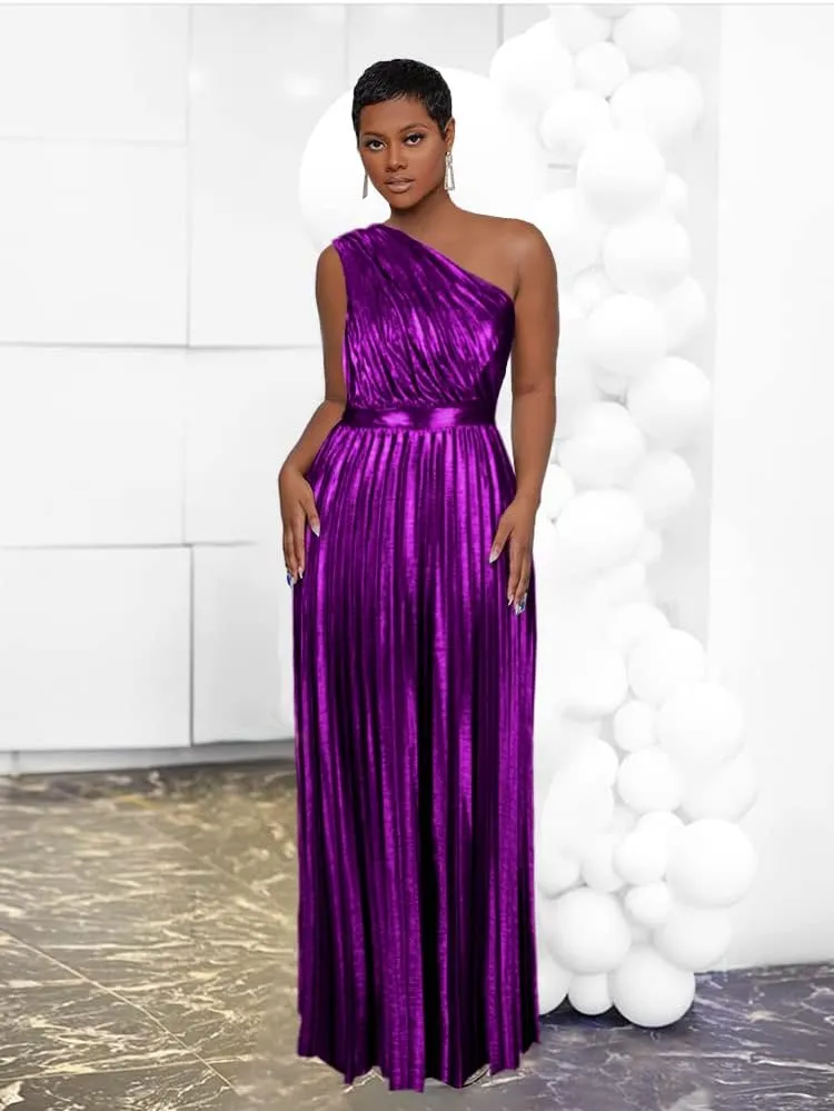 AOMEI Women's Luxury Metallic One Shoulder Sleeveless Elegant Pleated Long Dress