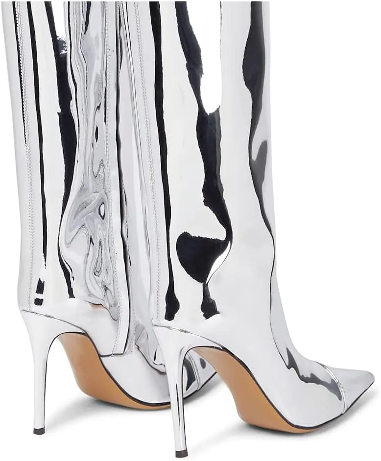 Arqa Metallic Boots for Women Pointed Toe High Stiletto Heel Knee High Boot Fashion Chrome Zipper Boot Dressy Party Shoes