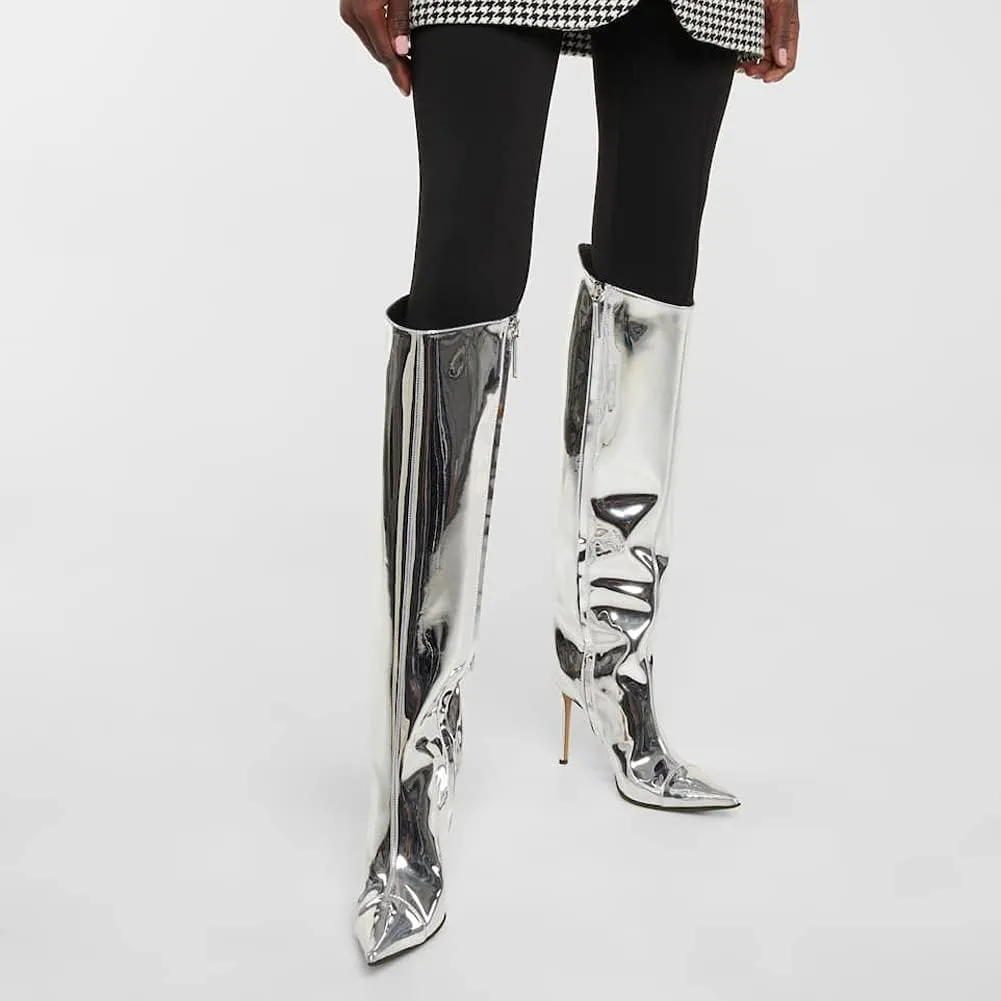 Arqa Metallic Boots for Women Pointed Toe High Stiletto Heel Knee High Boot Fashion Chrome Zipper Boot Dressy Party Shoes