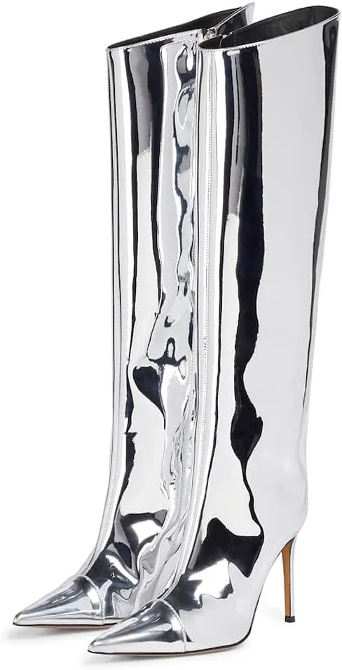 Arqa Metallic Boots for Women Pointed Toe High Stiletto Heel Knee High Boot Fashion Chrome Zipper Boot Dressy Party Shoes