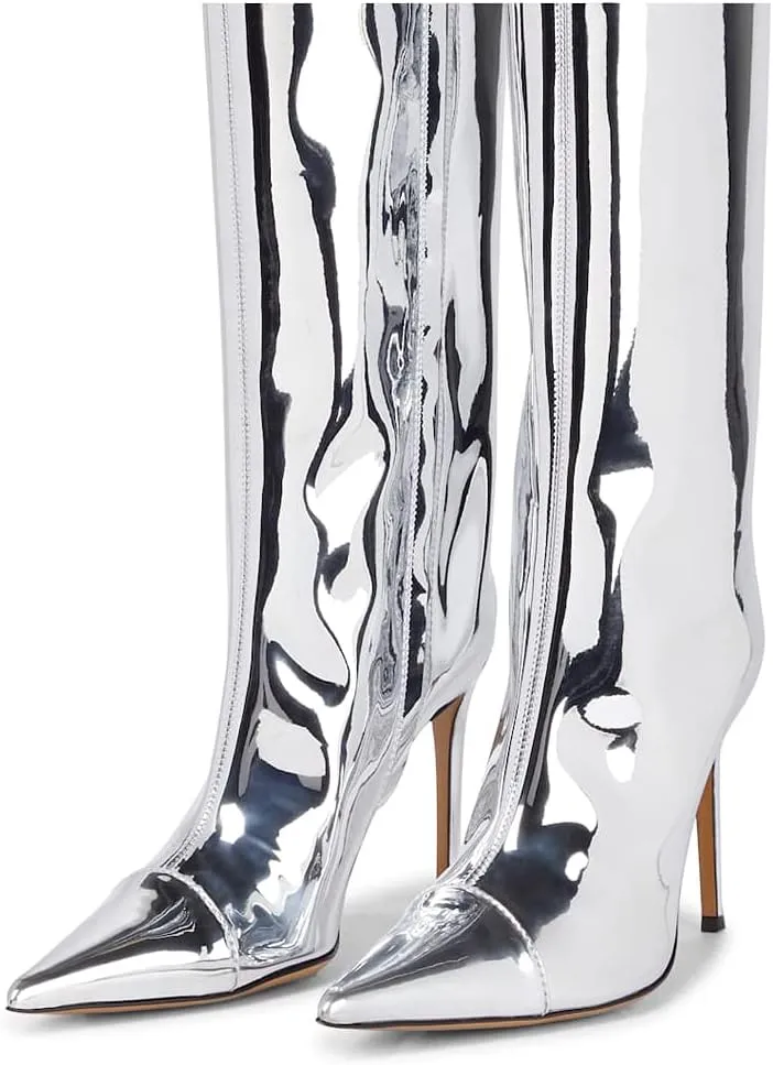Arqa Metallic Boots for Women Pointed Toe High Stiletto Heel Knee High Boot Fashion Chrome Zipper Boot Dressy Party Shoes