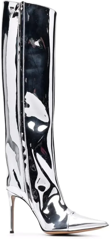 Arqa Metallic Boots for Women Pointed Toe High Stiletto Heel Knee High Boot Fashion Chrome Zipper Boot Dressy Party Shoes