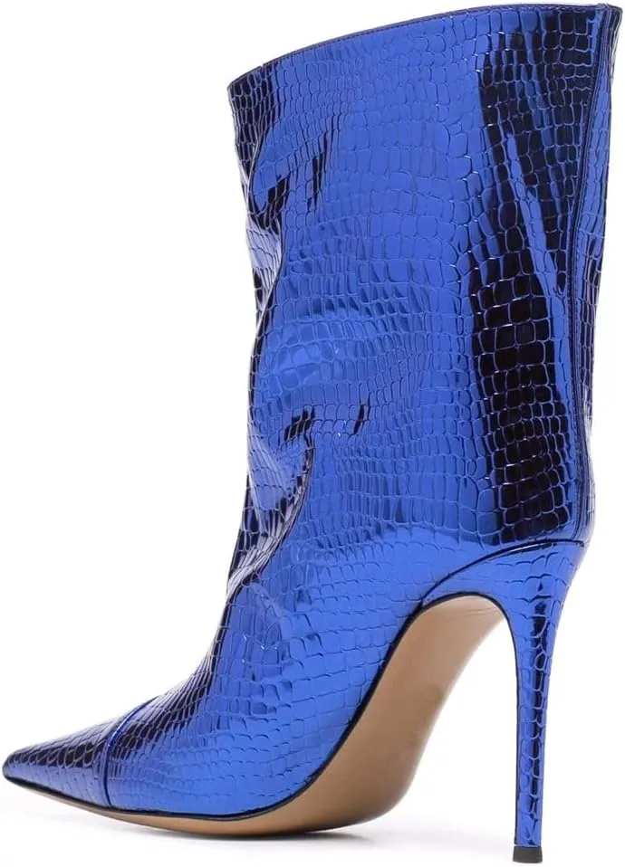 Arqa Women's Metallic Leather Boots, Pointed Toe Stiletto Heel Ankle Boot Wide Calf Fall Fashion Booties