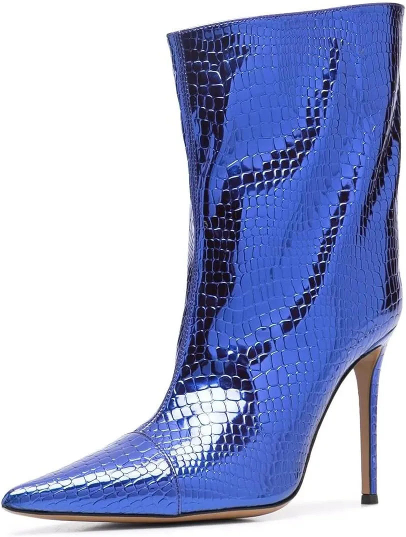 Arqa Women's Metallic Leather Boots, Pointed Toe Stiletto Heel Ankle Boot Wide Calf Fall Fashion Booties
