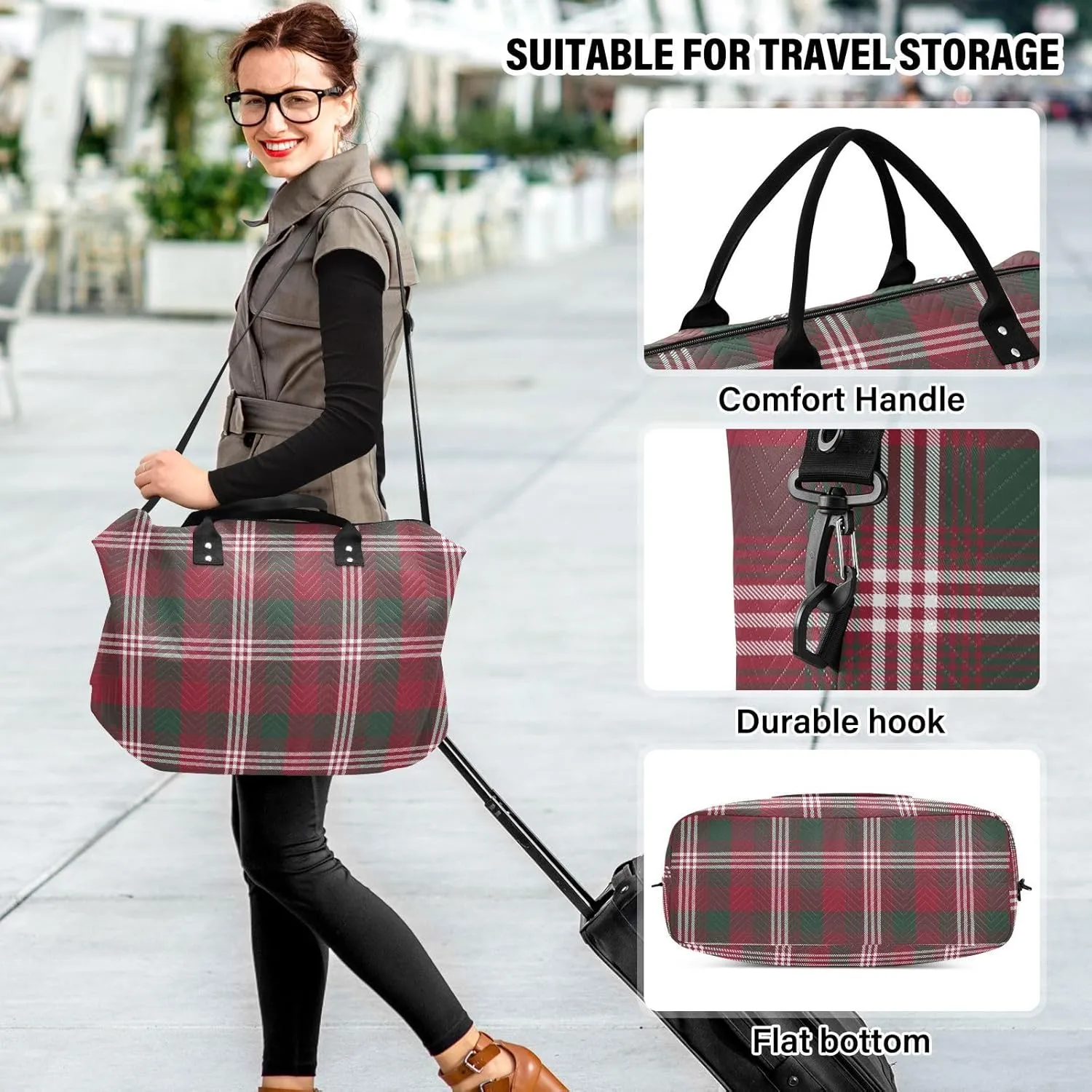 Aslsiy Travel Duffel Bags for Women Christmas Glen Plaid Sports Duffel Bags Red Check Weekender Bags Gym Bag with Toiletry Bag Carry on Overnight Bag