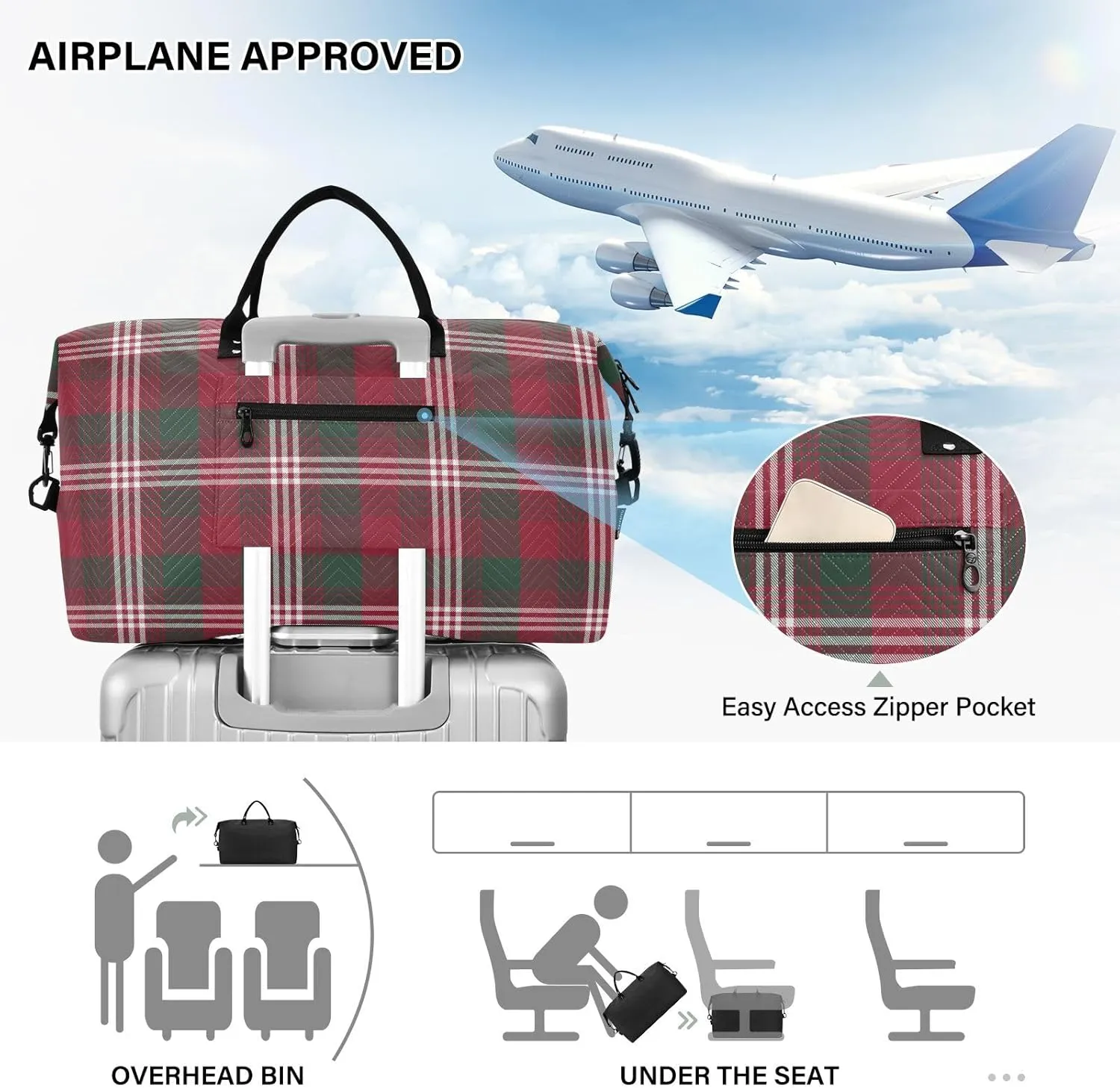 Aslsiy Travel Duffel Bags for Women Christmas Glen Plaid Sports Duffel Bags Red Check Weekender Bags Gym Bag with Toiletry Bag Carry on Overnight Bag