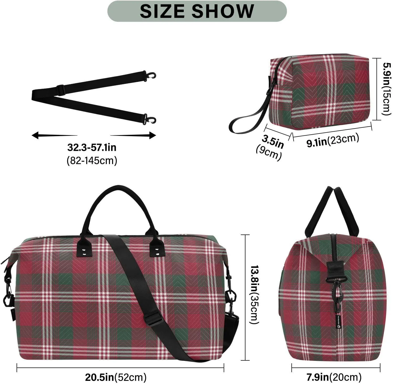 Aslsiy Travel Duffel Bags for Women Christmas Glen Plaid Sports Duffel Bags Red Check Weekender Bags Gym Bag with Toiletry Bag Carry on Overnight Bag