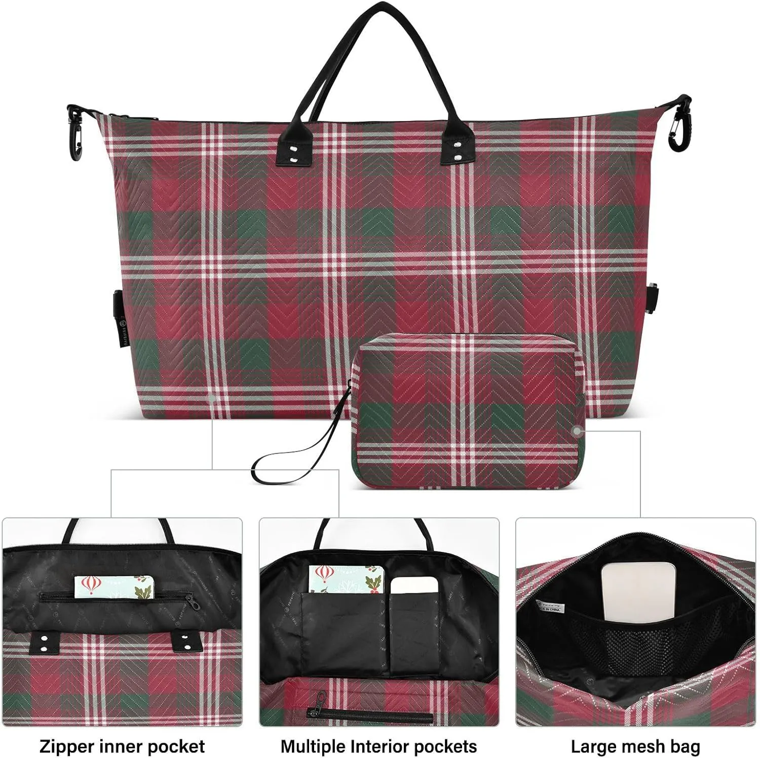 Aslsiy Travel Duffel Bags for Women Christmas Glen Plaid Sports Duffel Bags Red Check Weekender Bags Gym Bag with Toiletry Bag Carry on Overnight Bag