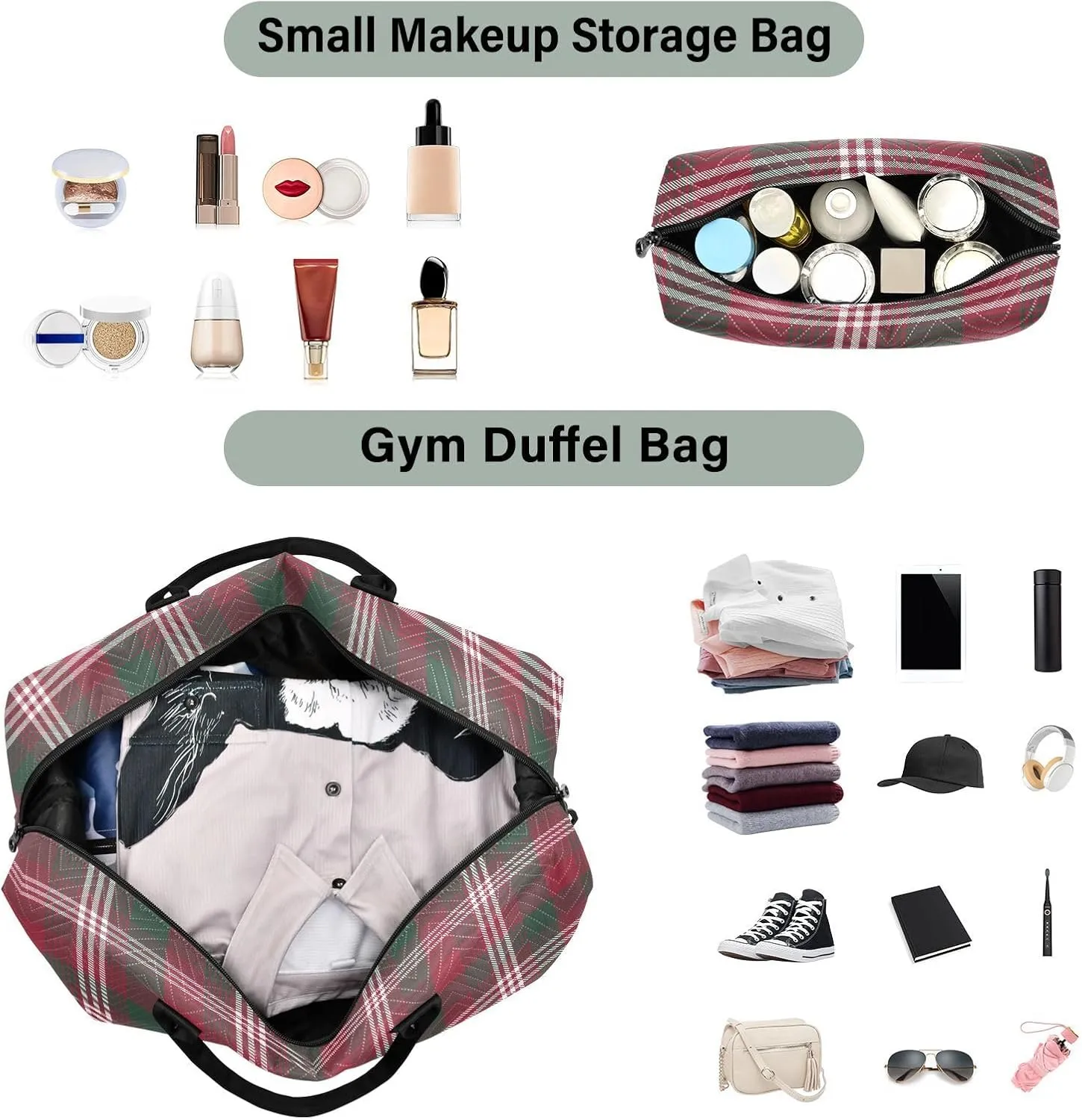 Aslsiy Travel Duffel Bags for Women Christmas Glen Plaid Sports Duffel Bags Red Check Weekender Bags Gym Bag with Toiletry Bag Carry on Overnight Bag