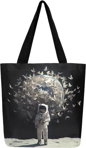 Astronaut Canvas Tote Bag,Fantasy Clouds Tote Bag,Outer Space Themed Shopping Grocery Bags