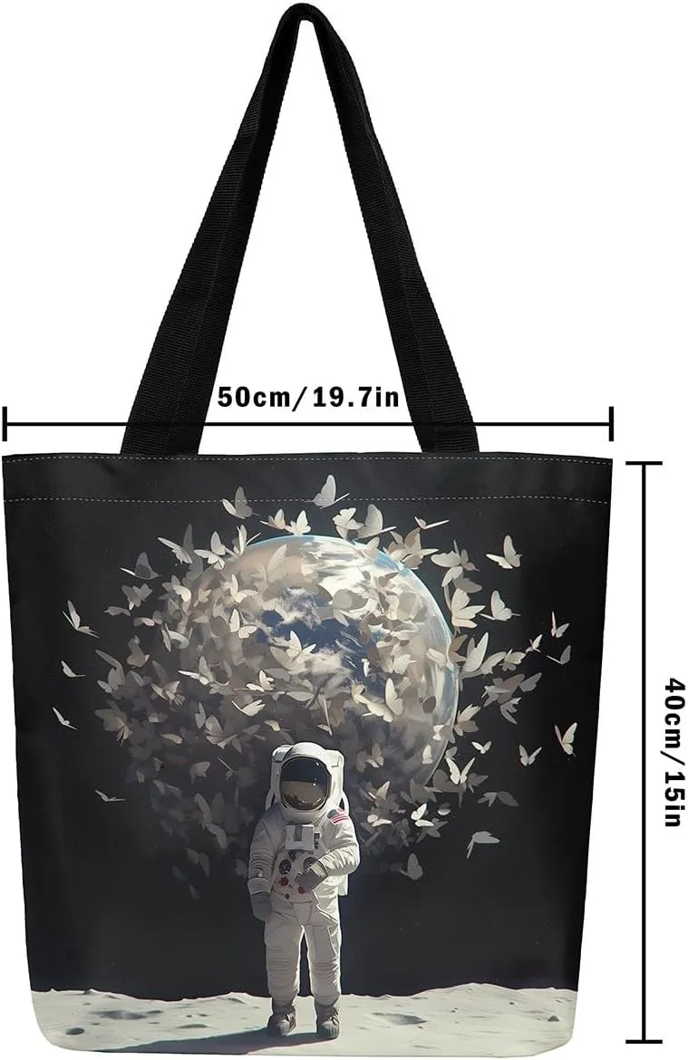 Astronaut Canvas Tote Bag,Fantasy Clouds Tote Bag,Outer Space Themed Shopping Grocery Bags